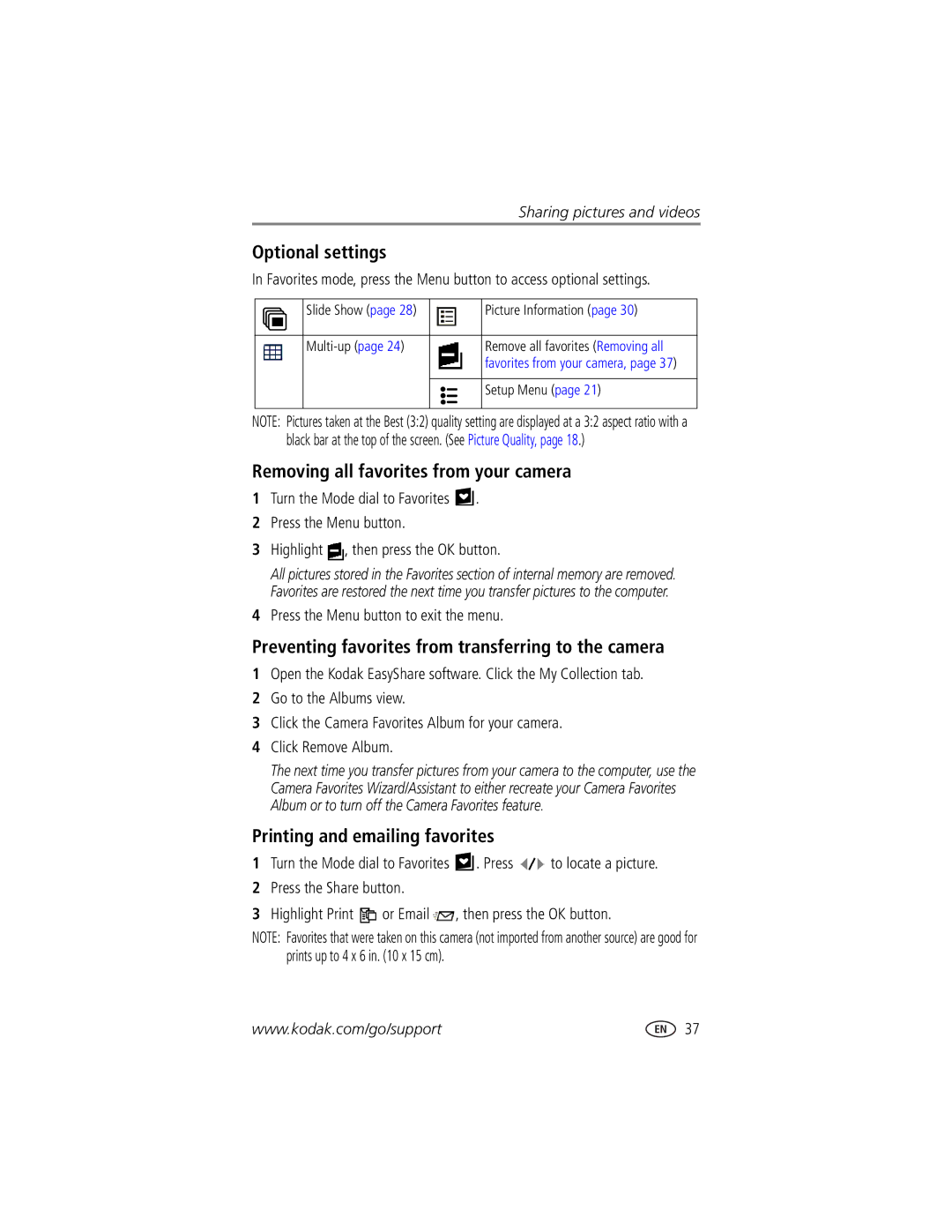 Kodak CX7525 manual Optional settings, Removing all favorites from your camera, Printing and emailing favorites 