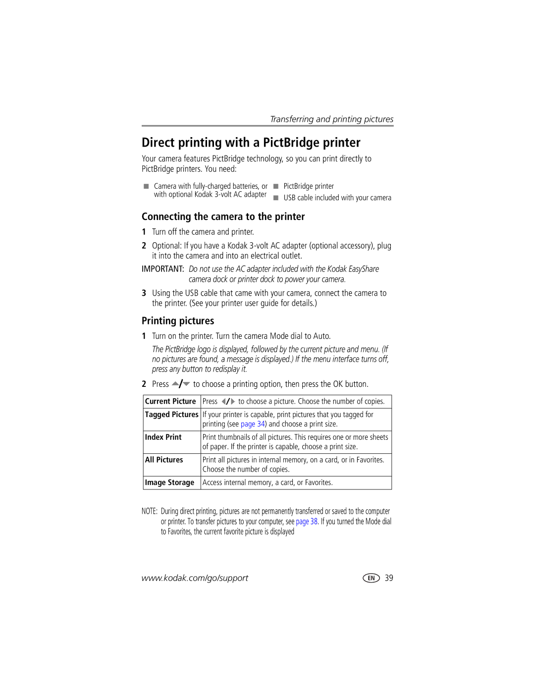 Kodak CX7525 manual Direct printing with a PictBridge printer, Connecting the camera to the printer, Printing pictures 