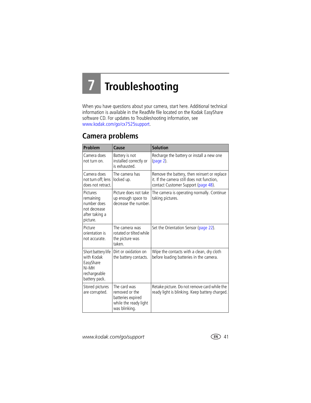 Kodak CX7525 manual Troubleshooting, Camera problems, Problem Cause Solution 