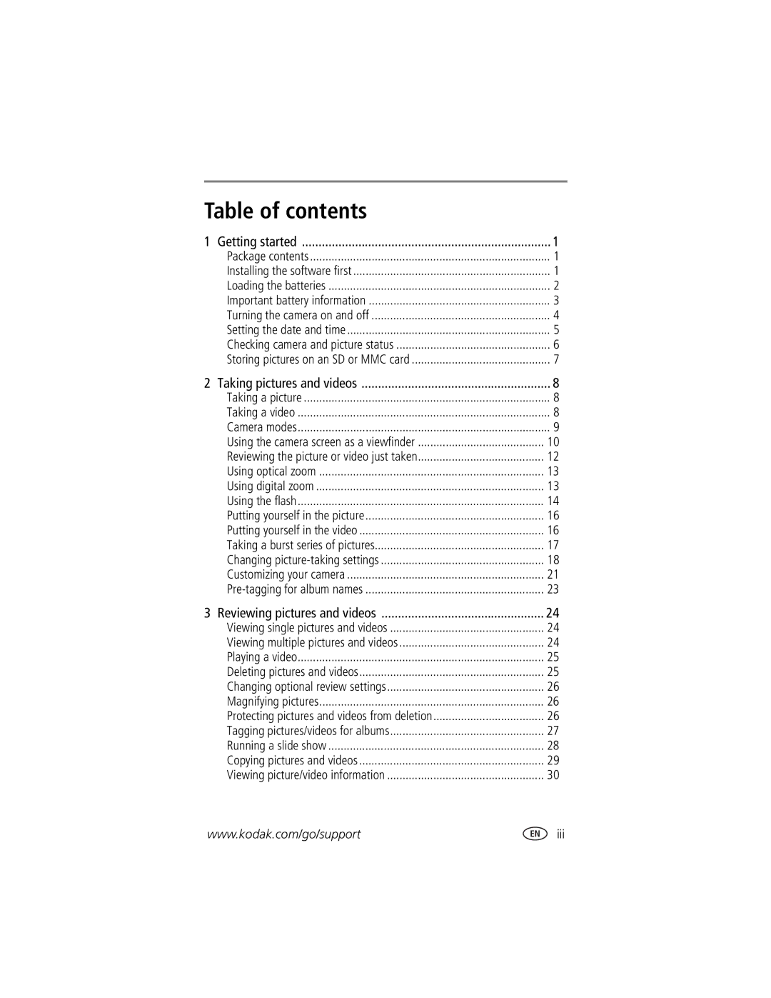 Kodak CX7525 manual Table of contents 