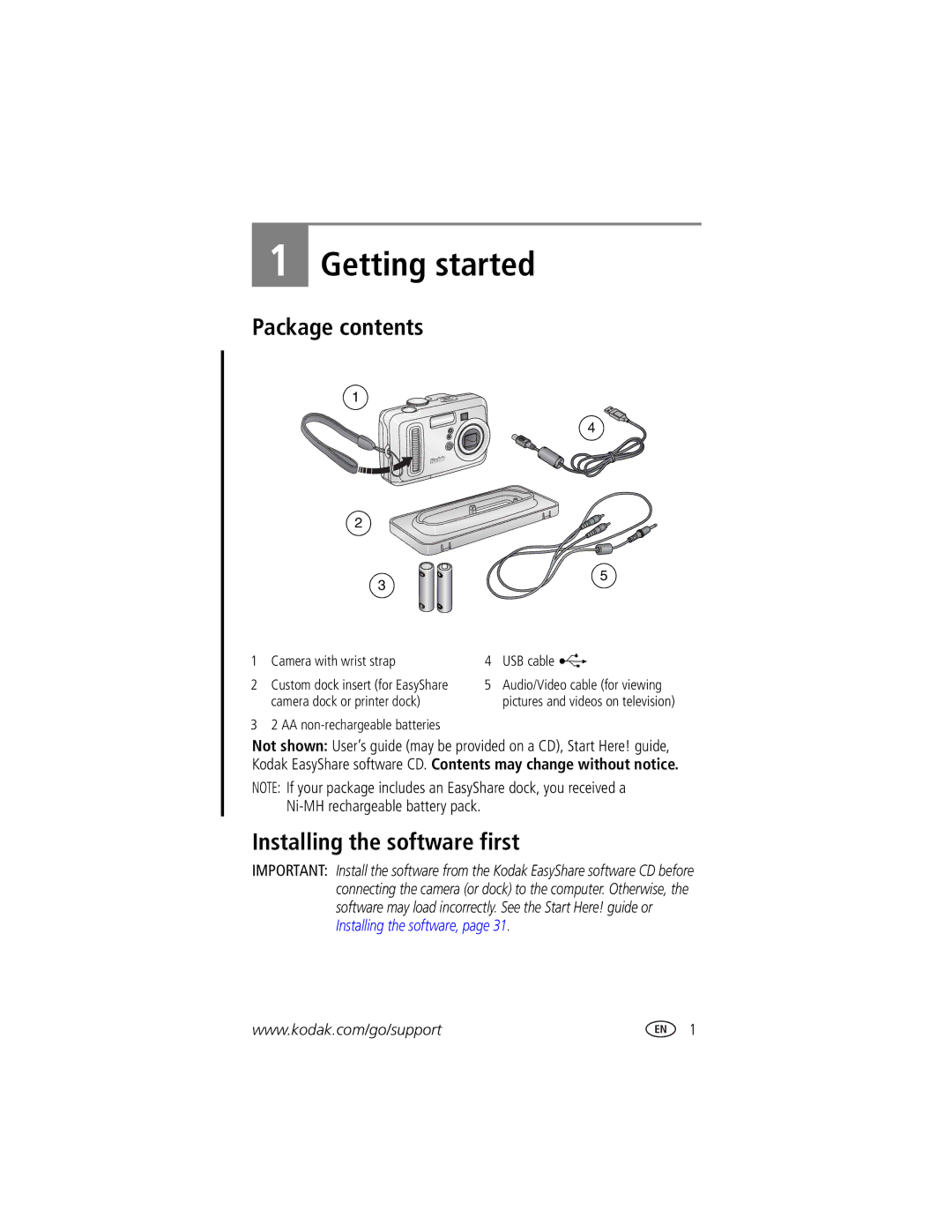 Kodak CX7525 manual Getting started, Package contents, Installing the software first 