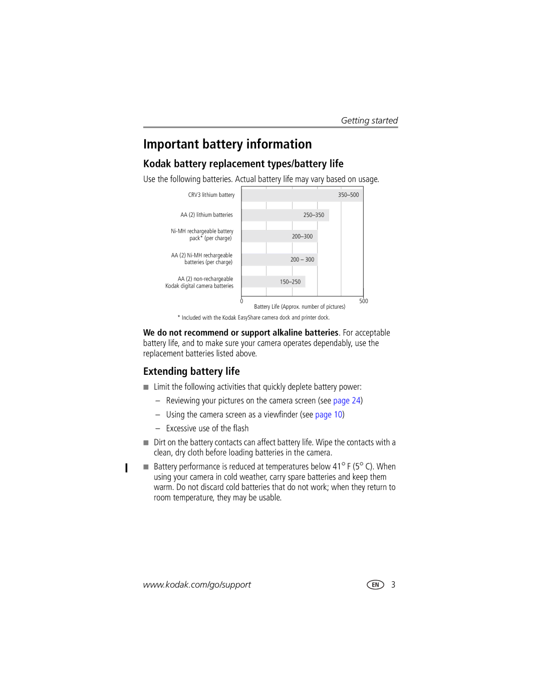 Kodak CX7525 manual Important battery information, Kodak battery replacement types/battery life, Extending battery life 