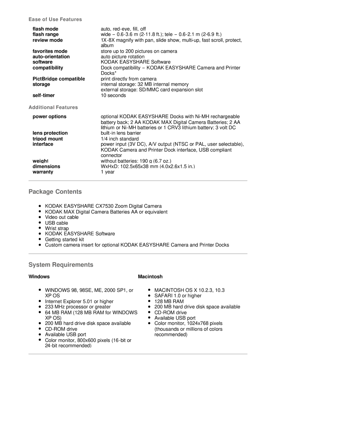 Kodak CX7530 manual Package Contents, System Requirements 