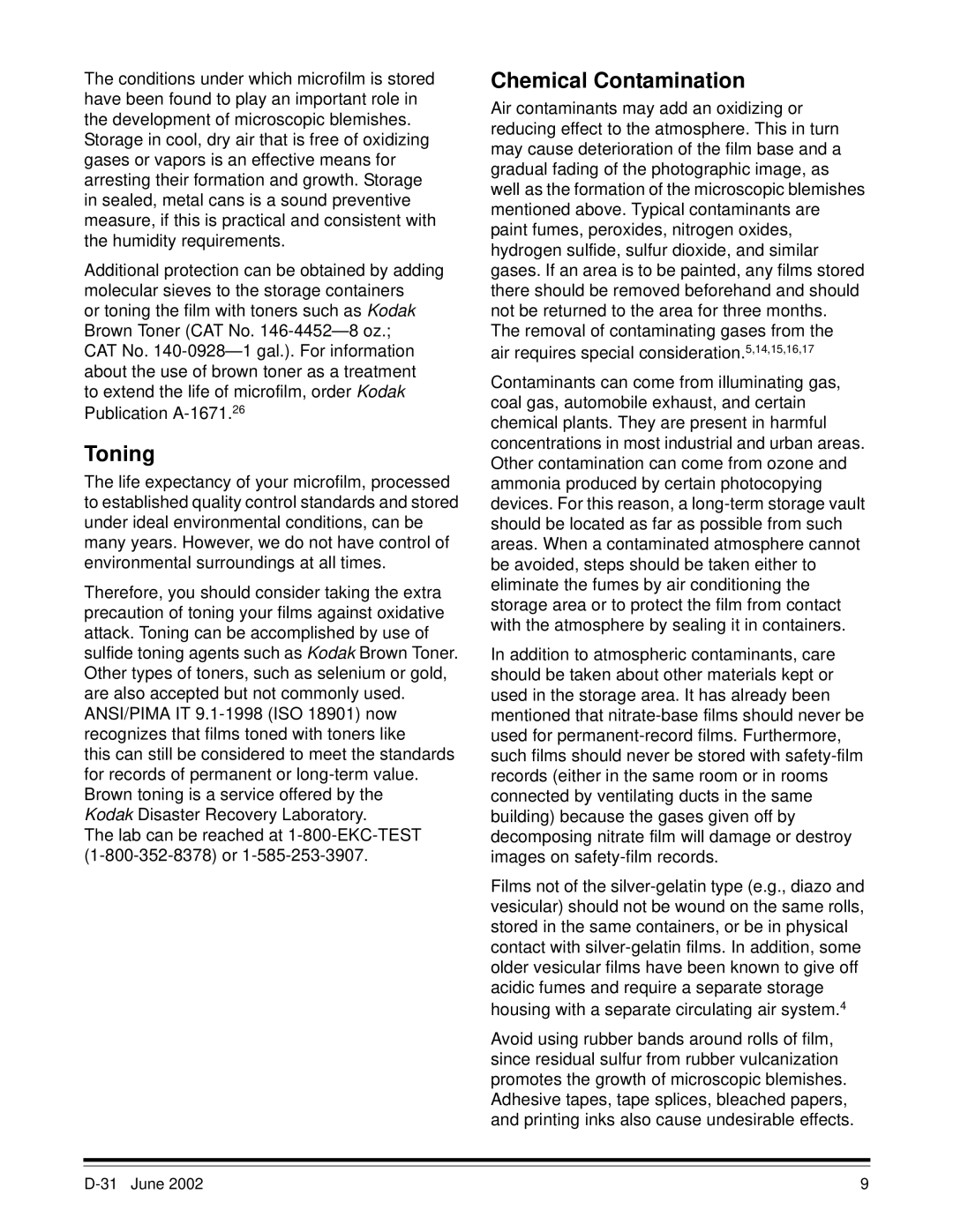 Kodak D-31 manual Toning, Chemical Contamination 