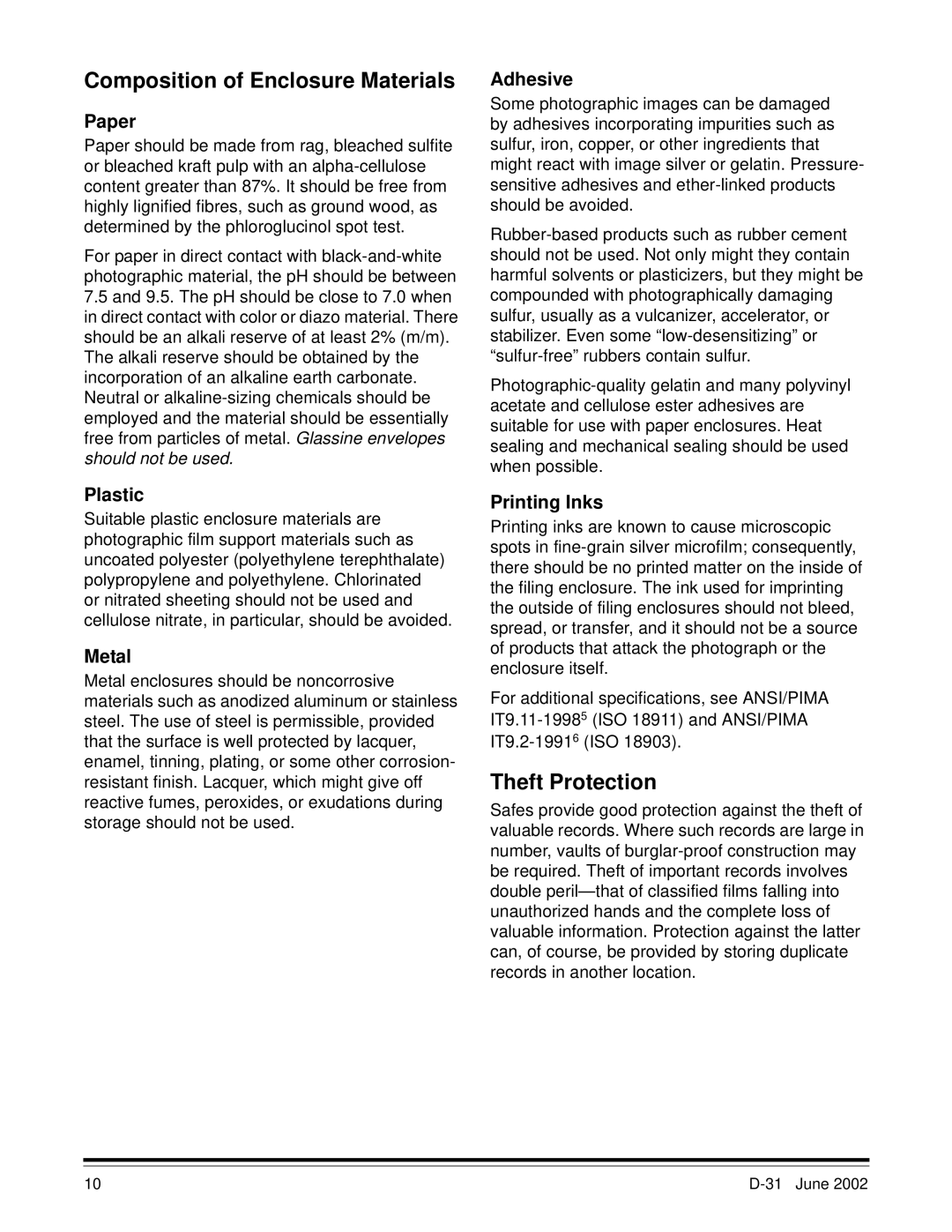 Kodak D-31 manual Composition of Enclosure Materials, Theft Protection 