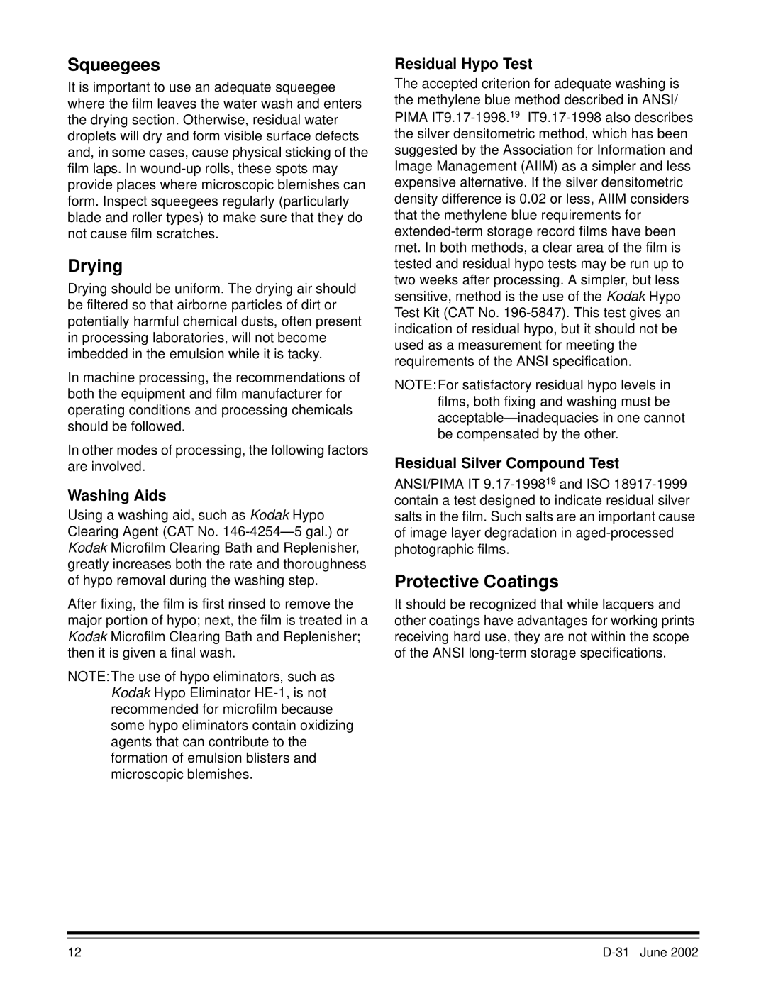 Kodak D-31 manual Squeegees, Drying, Protective Coatings 