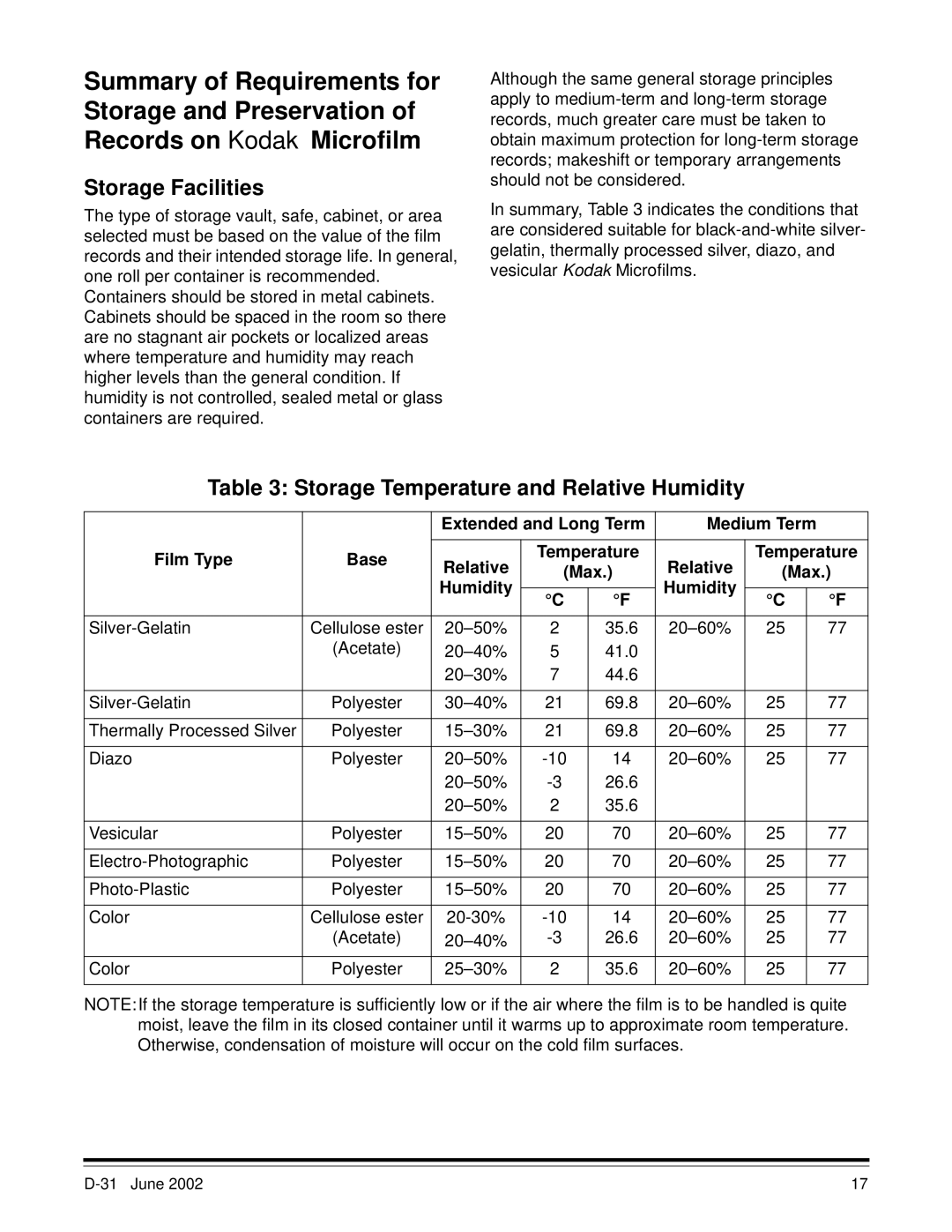 Kodak D-31 manual Storage Facilities, Storage Temperature and Relative Humidity 