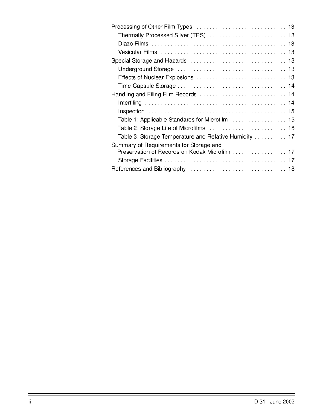 Kodak D-31 manual Summary of Requirements for Storage 