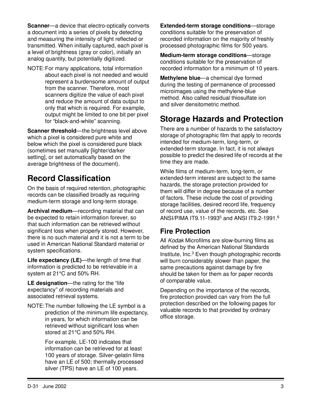 Kodak D-31 manual Record Classification, Storage Hazards and Protection, Fire Protection 