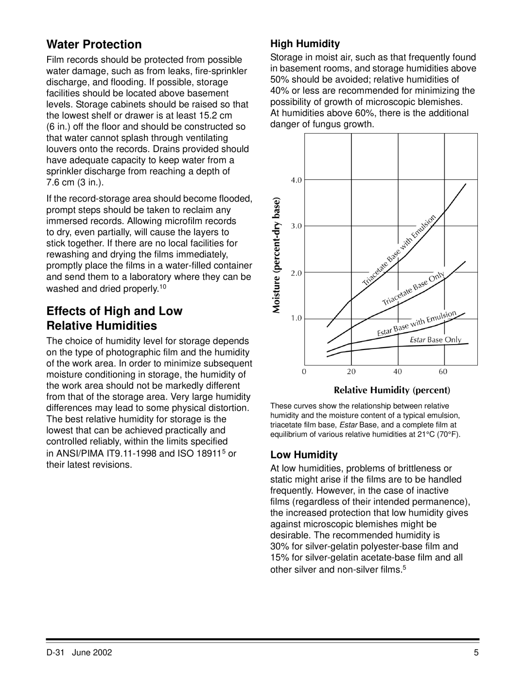 Kodak D-31 manual Water Protection, Effects of High and Low Relative Humidities, High Humidity, Low Humidity 