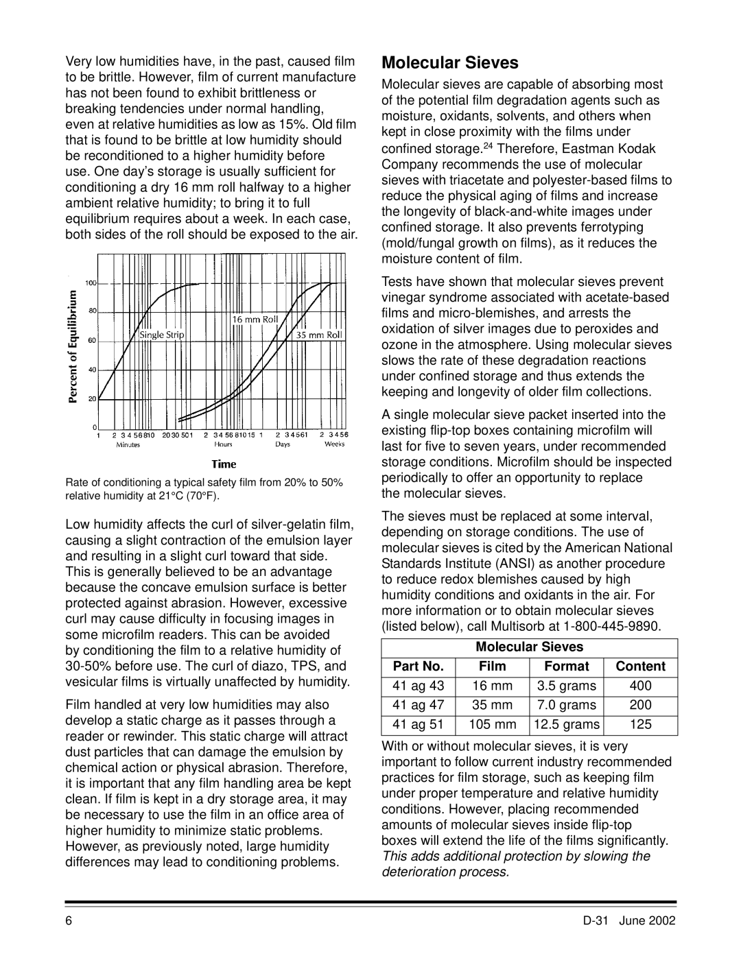 Kodak D-31 manual Molecular Sieves Film Format Content 