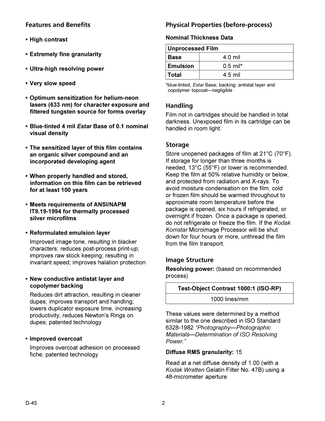 Kodak D-45 manual Features and Benefits, Physical Properties before-process, Handling, Storage, Image Structure 