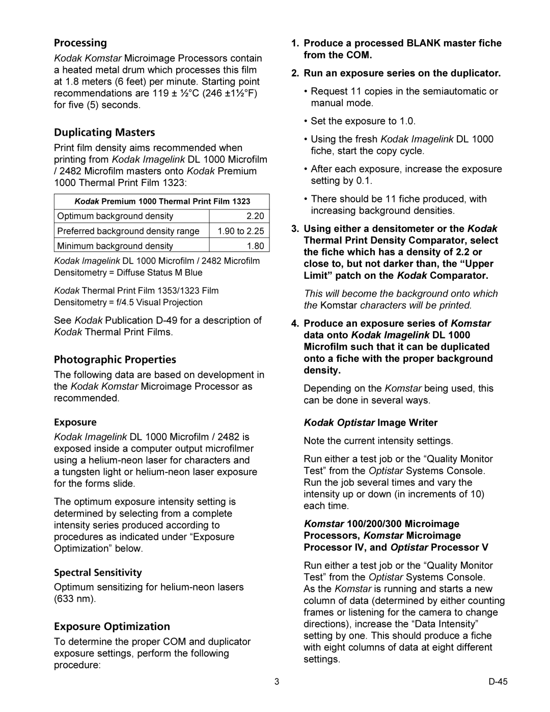 Kodak D-45 manual Processing, Duplicating Masters, Photographic Properties, Exposure Optimization 