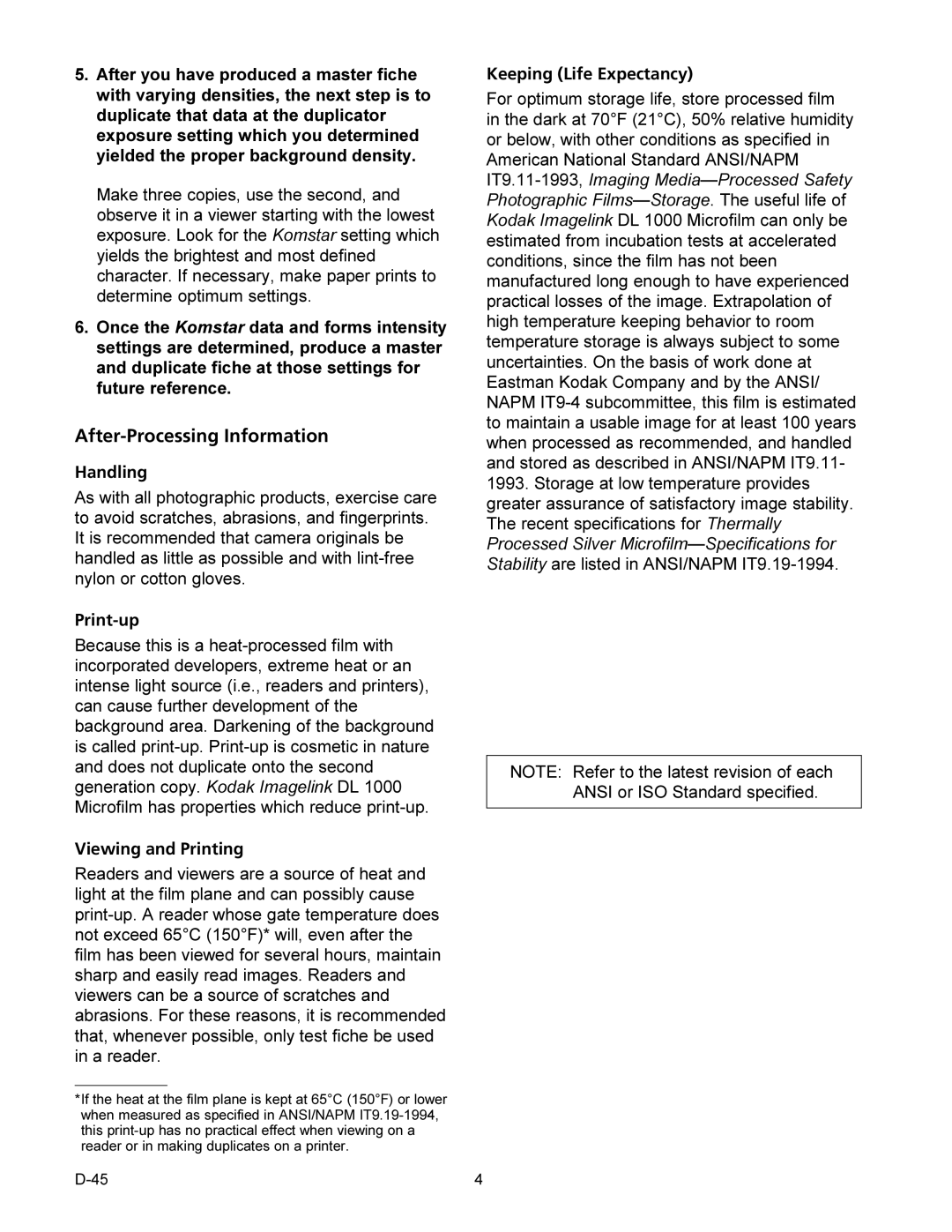 Kodak D-45 manual After-Processing Information, Handling, Print-up, Viewing and Printing, Keeping Life Expectancy 