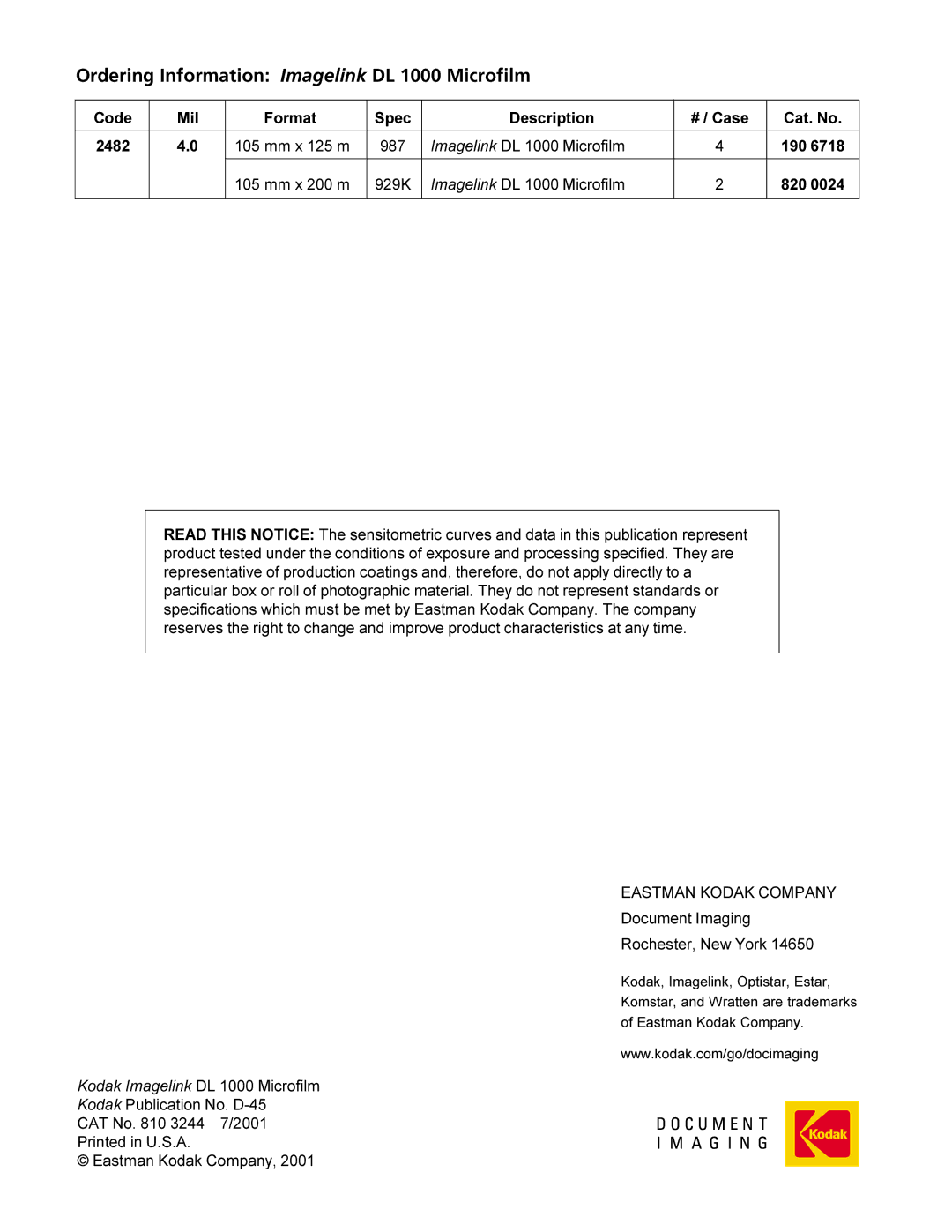 Kodak D-45 manual Ordering Information Imagelink DL 1000 Microfilm, Eastman Kodak Company 