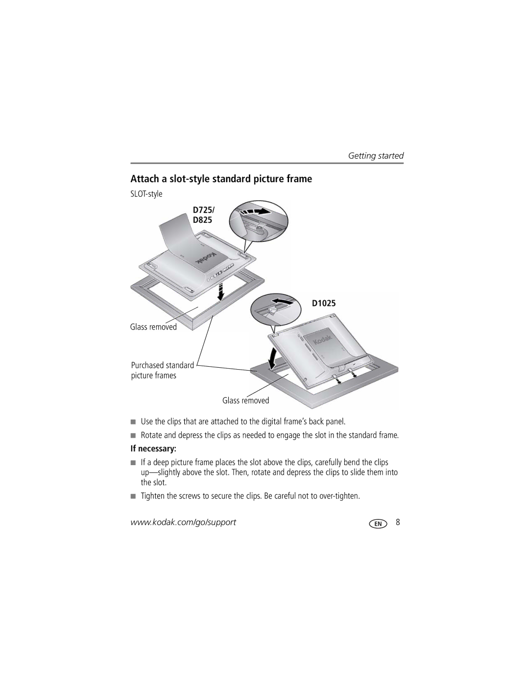 Kodak manual Attach a slot-style standard picture frame, D725 D825 D1025 