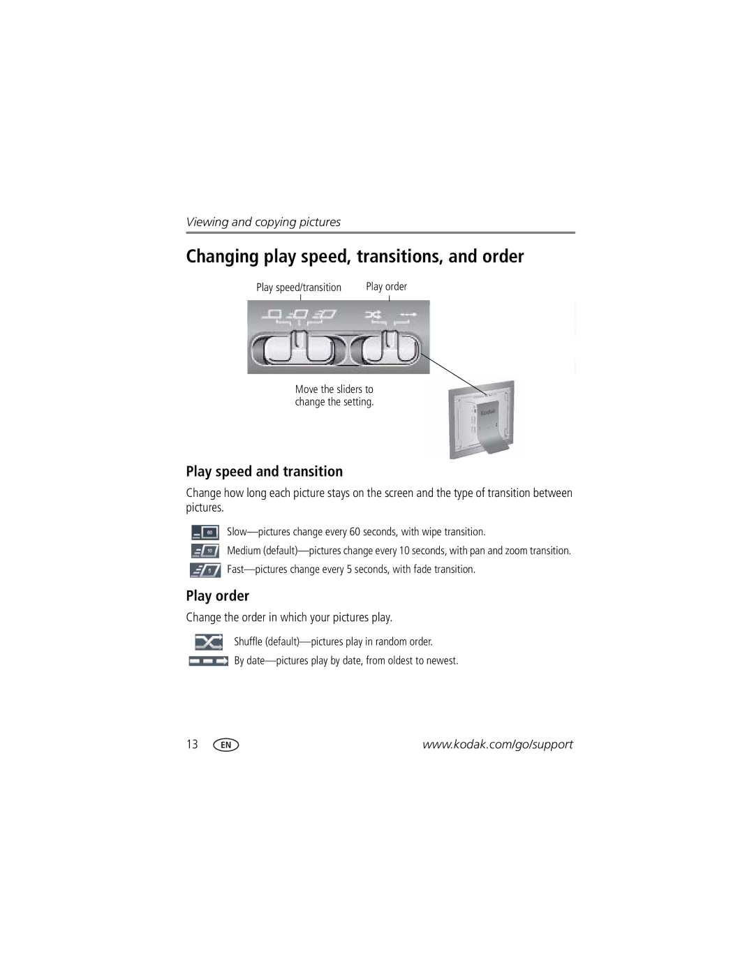 Kodak D725 manual Changing play speed, transitions, and order, Play speed and transition, Play order 