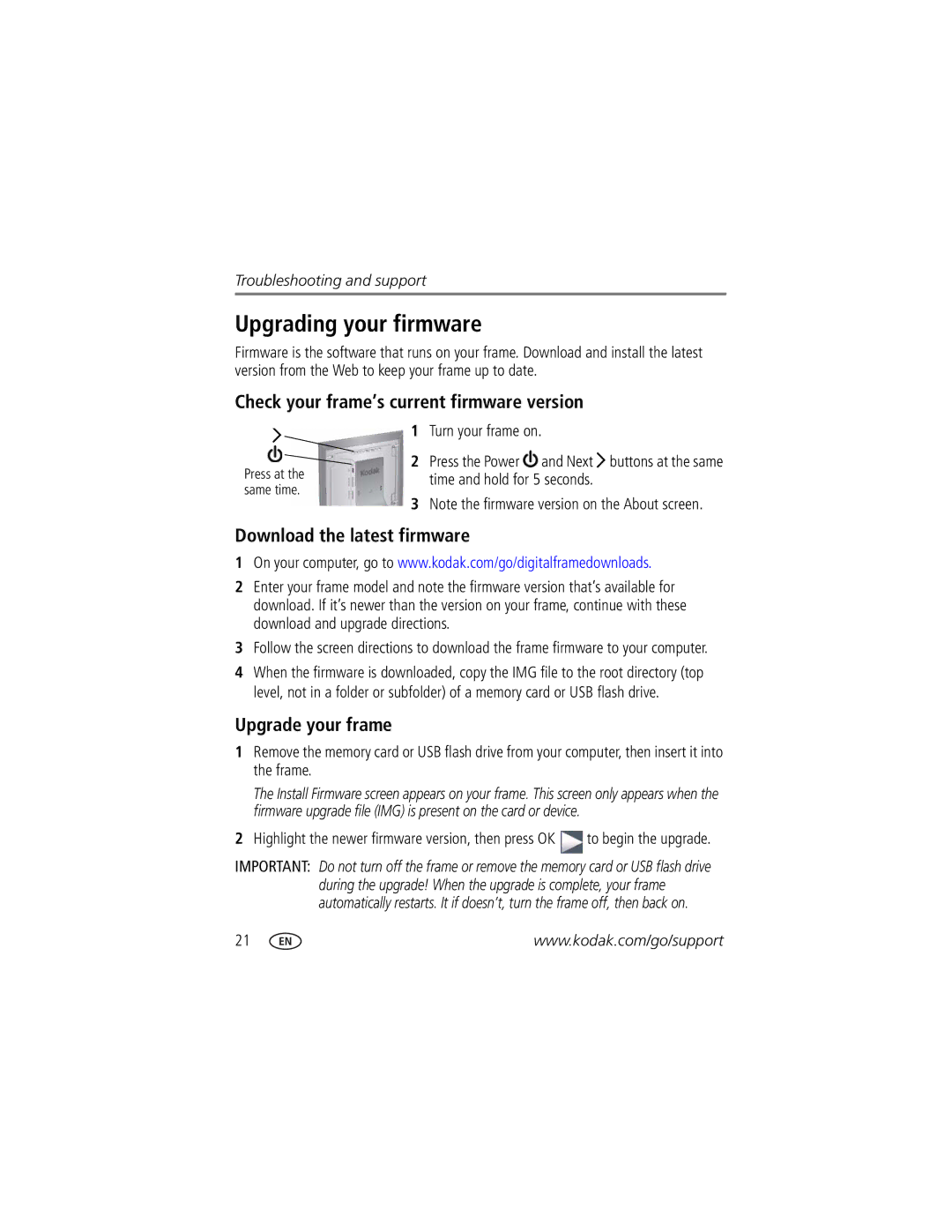 Kodak D725 manual Upgrading your firmware, Check your frame’s current firmware version, Download the latest firmware 