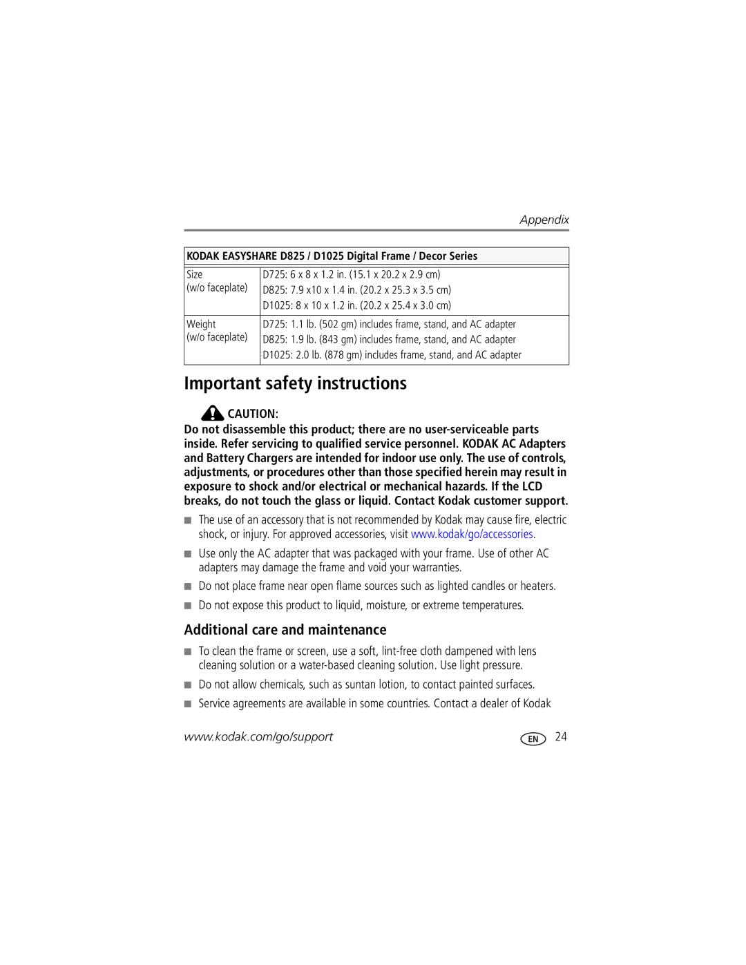 Kodak D725 manual Important safety instructions, Additional care and maintenance 