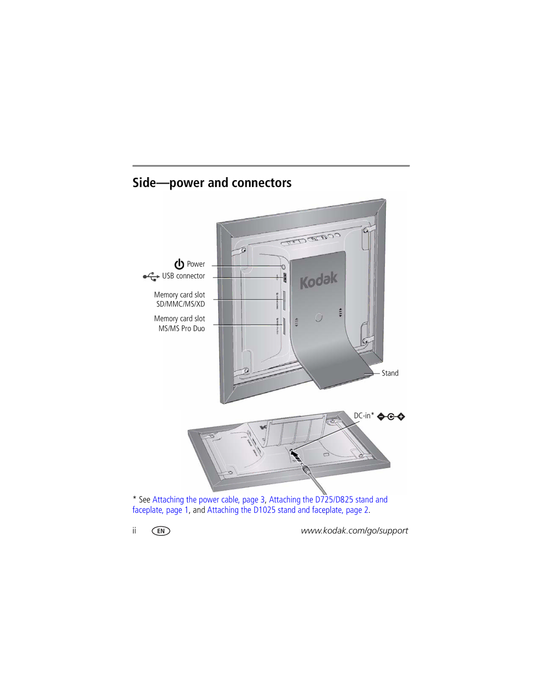 Kodak D725 manual Side-power and connectors, Sd/Mmc/Ms/Xd 