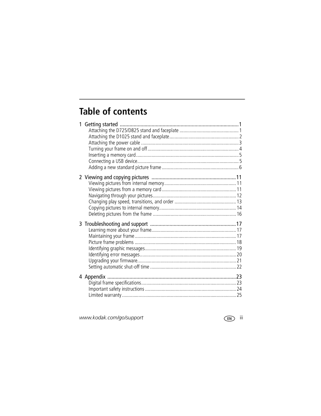 Kodak D725 manual Table of contents 