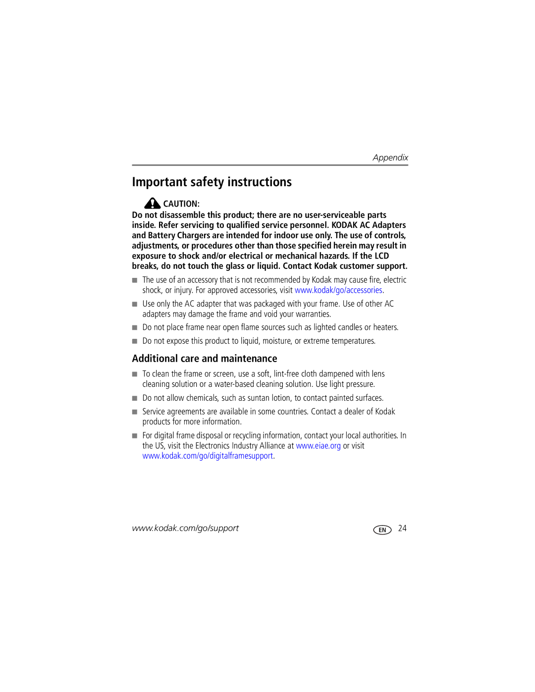 Kodak D1025, D825 manual Important safety instructions, Additional care and maintenance 