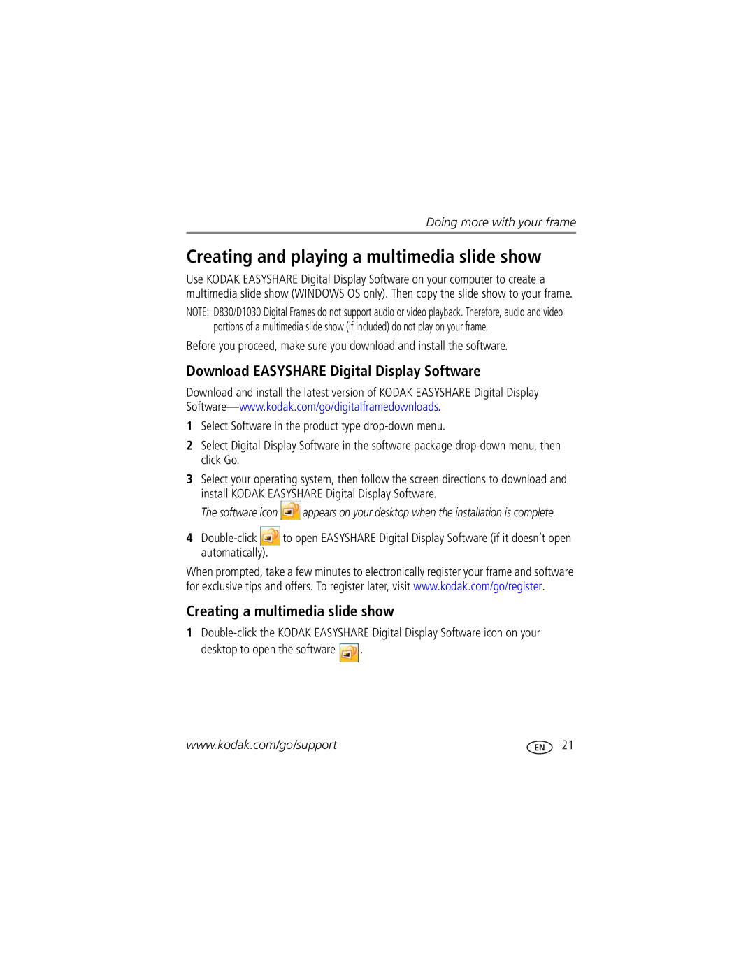 Kodak D1030, D830 manual Creating and playing a multimedia slide show, Download Easyshare Digital Display Software 