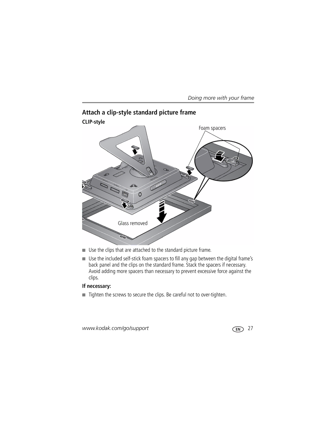 Kodak D1030, D830 manual Attach a clip-style standard picture frame, CLIP-style 