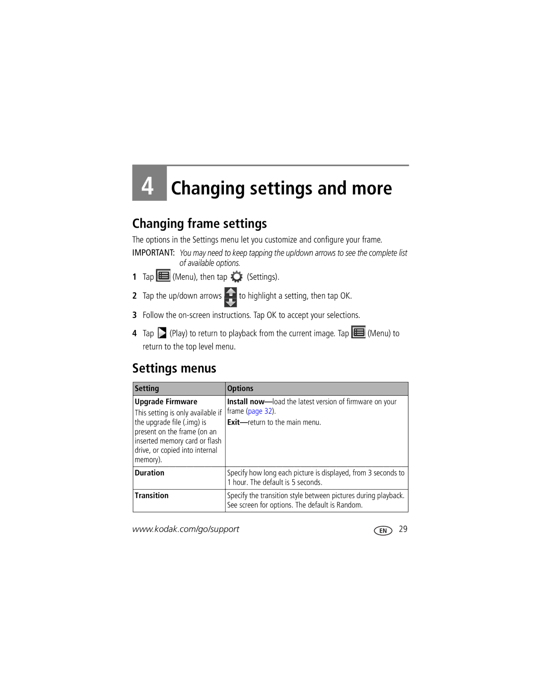 Kodak D1030, D830 manual Changing frame settings, Settings menus, Setting Options Upgrade Firmware, Duration, Transition 