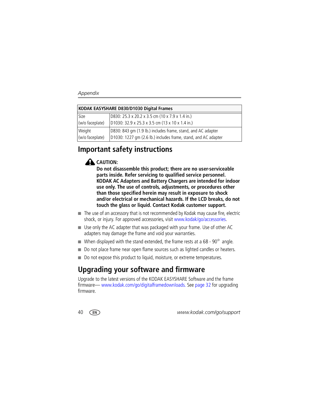 Kodak Important safety instructions, Upgrading your software and firmware, Kodak Easyshare D830/D1030 Digital Frames 