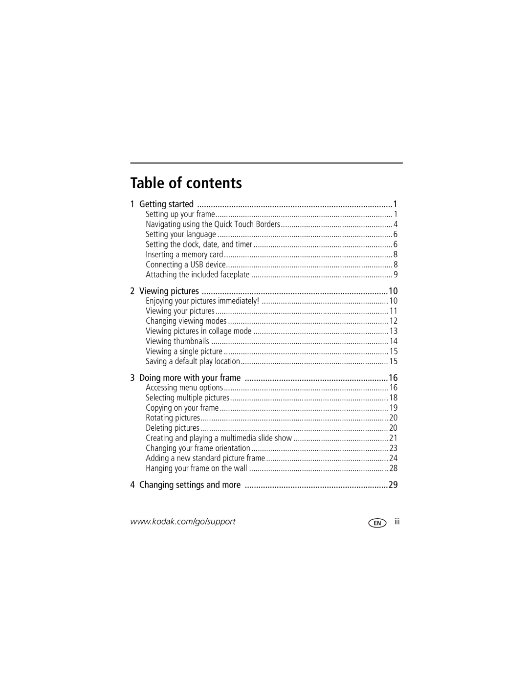 Kodak D1030, D830 manual Table of contents 