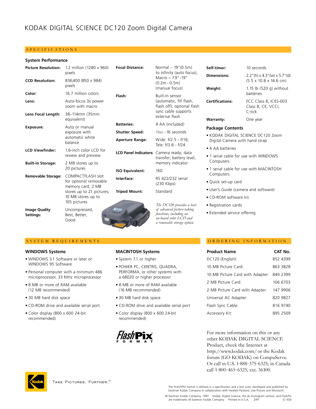 Kodak manual Kodak Digital Science DC120 Zoom Digital Camera, System Performance, Package Contents 