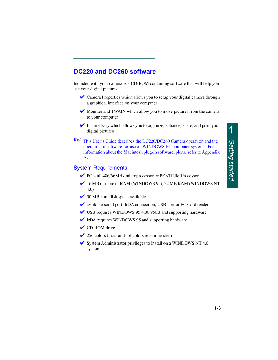 Kodak manual DC220 and DC260 software, System Requirements 