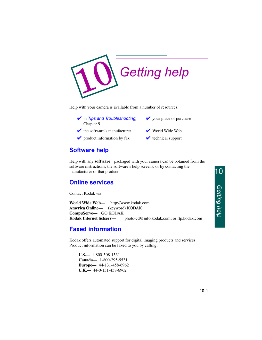 Kodak DC260, DC220 manual Getting help, Software help, Online services, Faxed information 