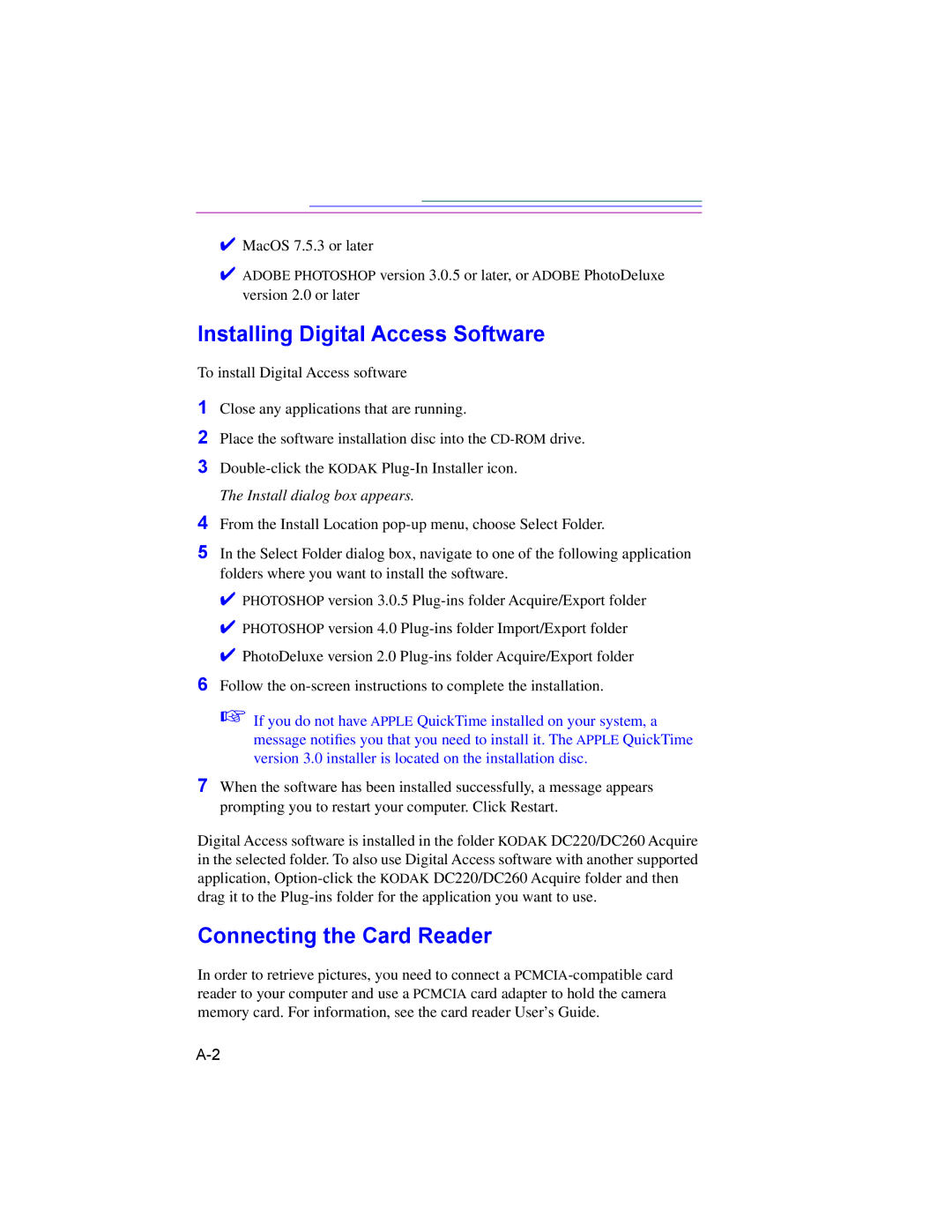 Kodak DC260, DC220 manual Installing Digital Access Software, Connecting the Card Reader 