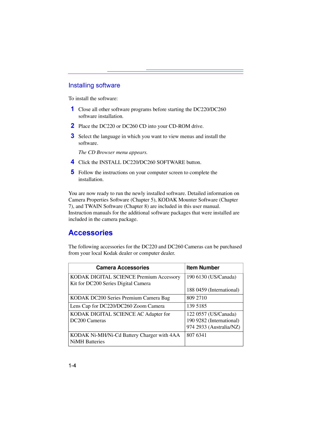 Kodak DC260, DC220 manual Camera Accessories Item Number 