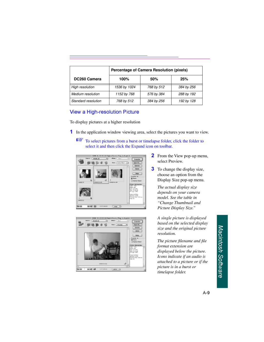 Kodak DC220 manual View a High-resolution Picture, DC260 Camera 100% 50% 25% 