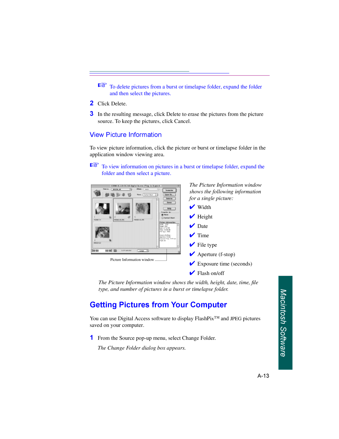 Kodak DC220, DC260 manual Getting Pictures from Your Computer, View Picture Information 