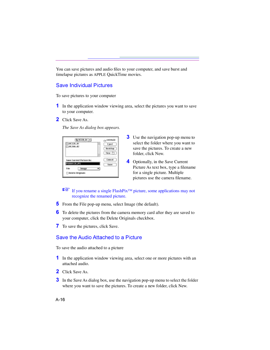 Kodak DC260, DC220 manual Save Individual Pictures, Save the Audio Attached to a Picture, Save As dialog box appears 