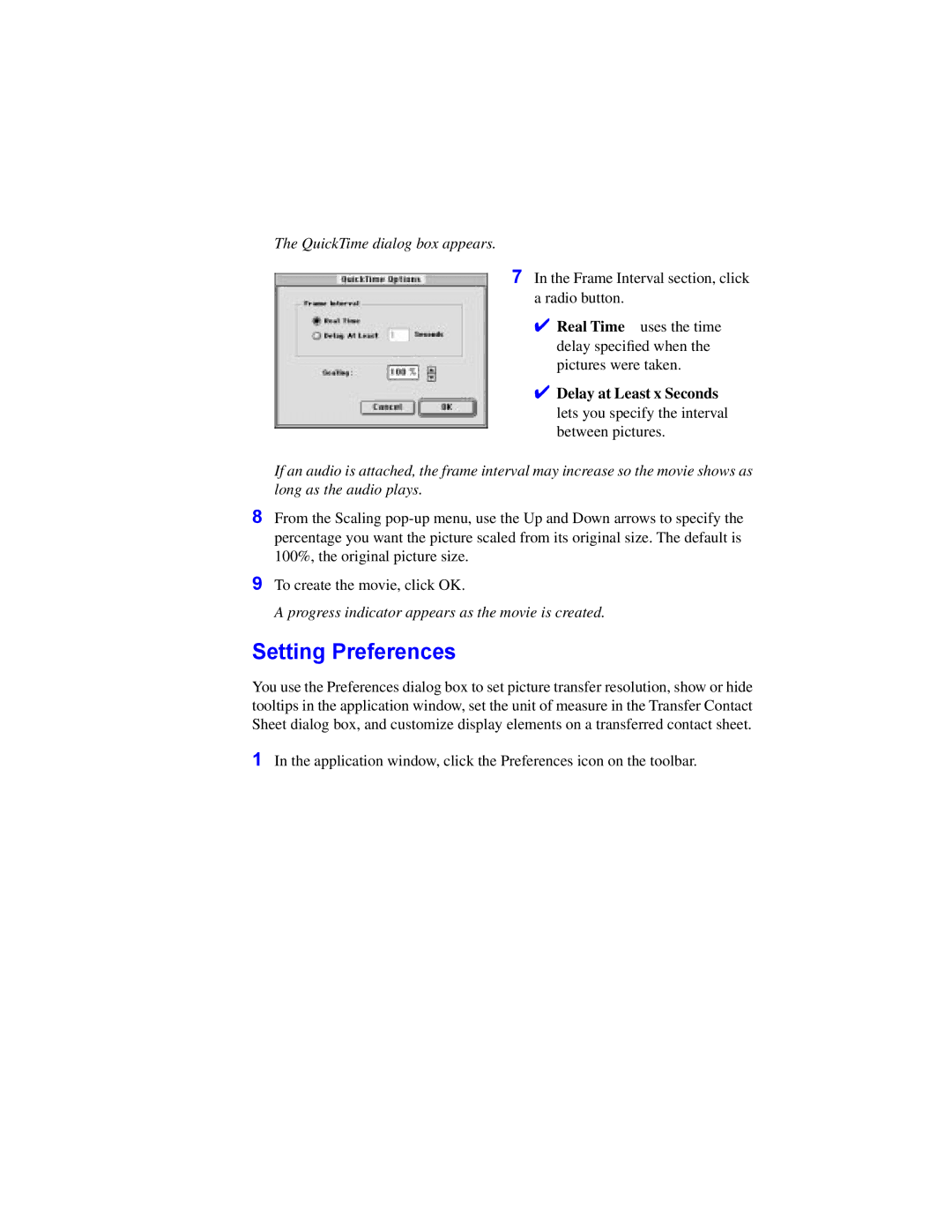 Kodak DC260, DC220 manual Setting Preferences, QuickTime dialog box appears, Delay at Least x Seconds 