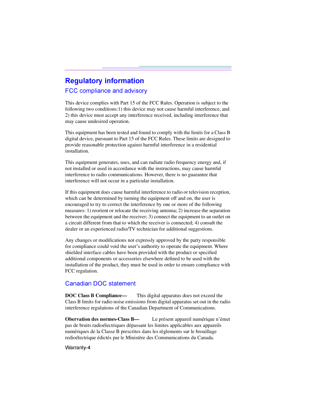 Kodak DC260, DC220 manual Regulatory information, FCC compliance and advisory, Canadian DOC statement, Warranty-4 