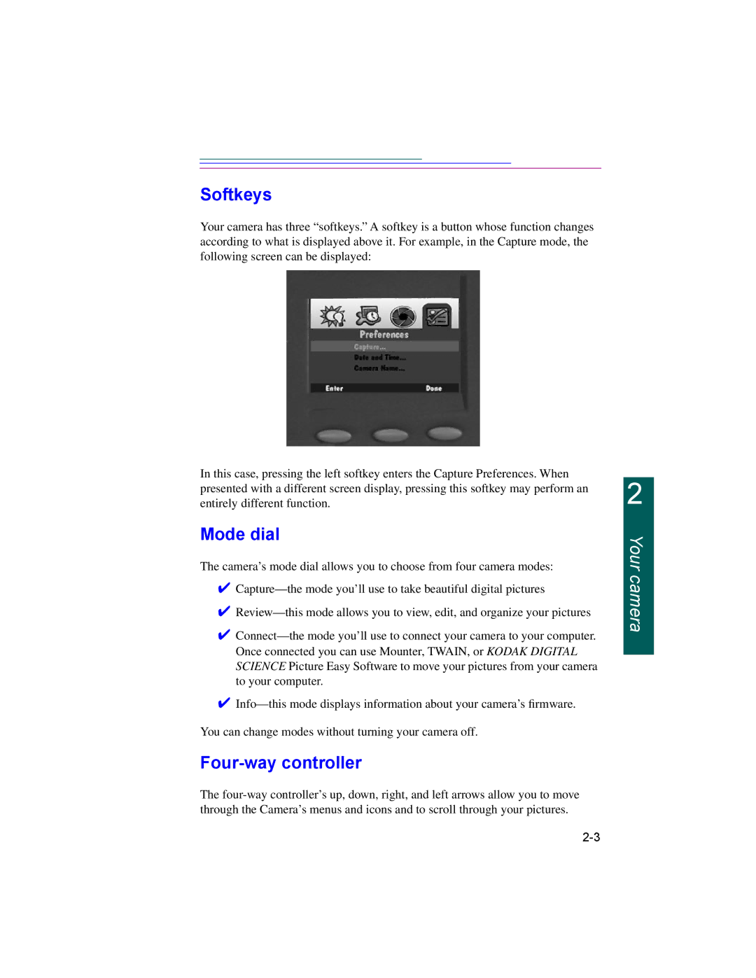 Kodak DC220, DC260 manual Softkeys, Mode dial, Four-way controller 