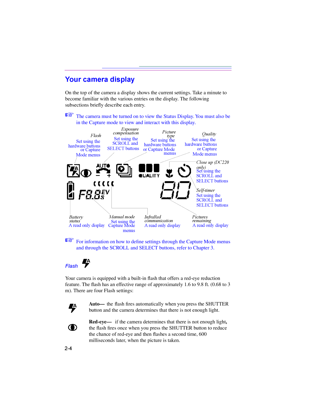 Kodak DC260, DC220 manual Your camera display, Flash 