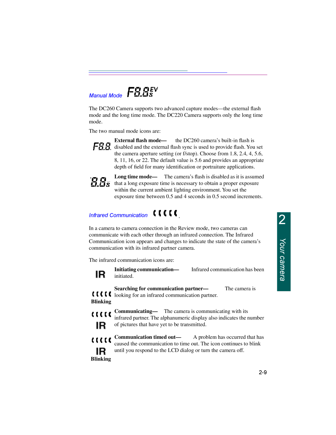 Kodak DC220 Manual Mode, Infrared Communication, Initiating communication, Searching for communication partner, Blinking 