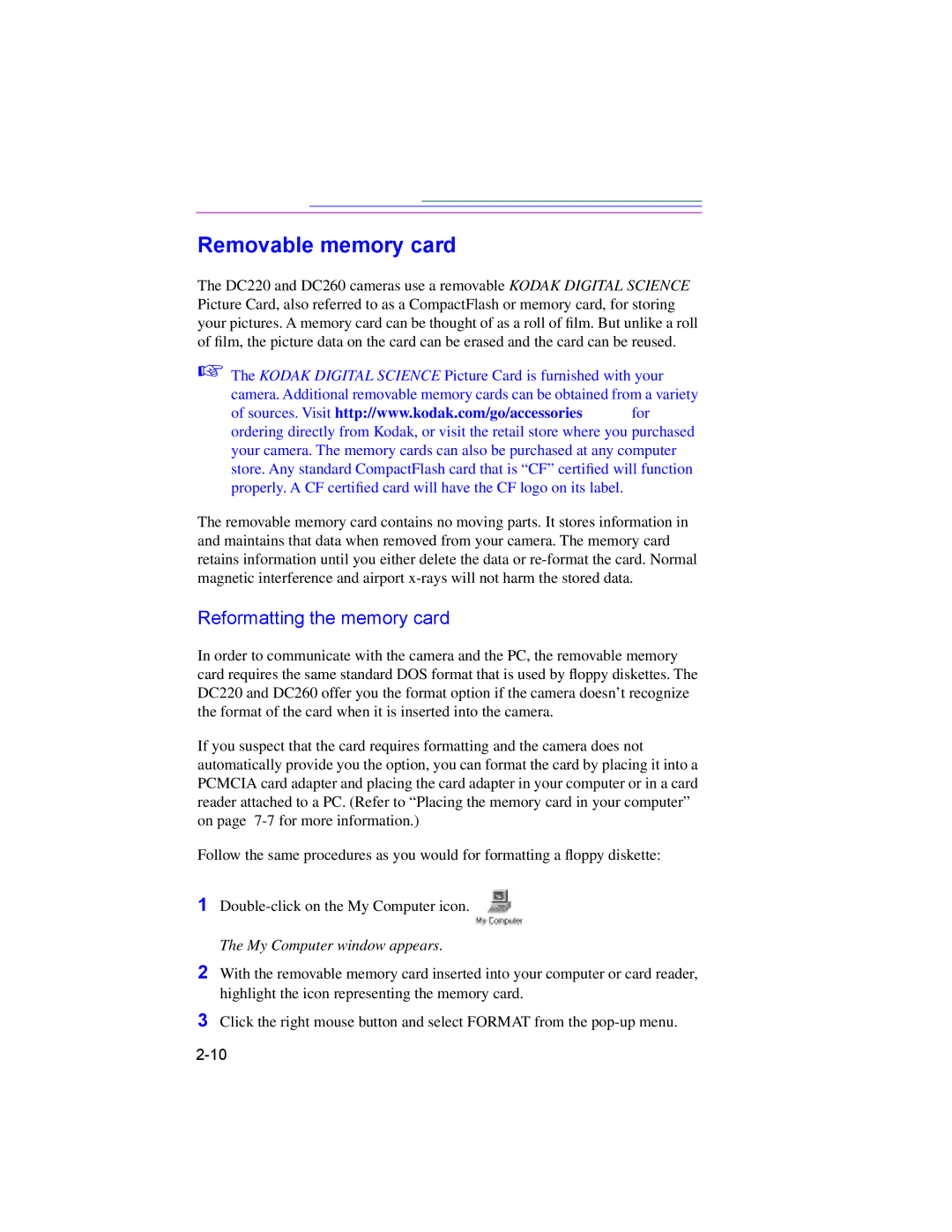 Kodak DC260, DC220 manual Removable memory card, Reformatting the memory card, My Computer window appears 