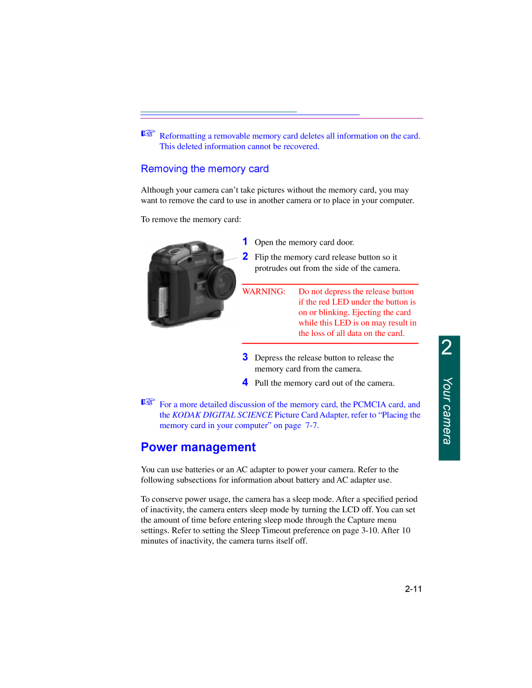 Kodak DC220, DC260 manual Power management, Removing the memory card 