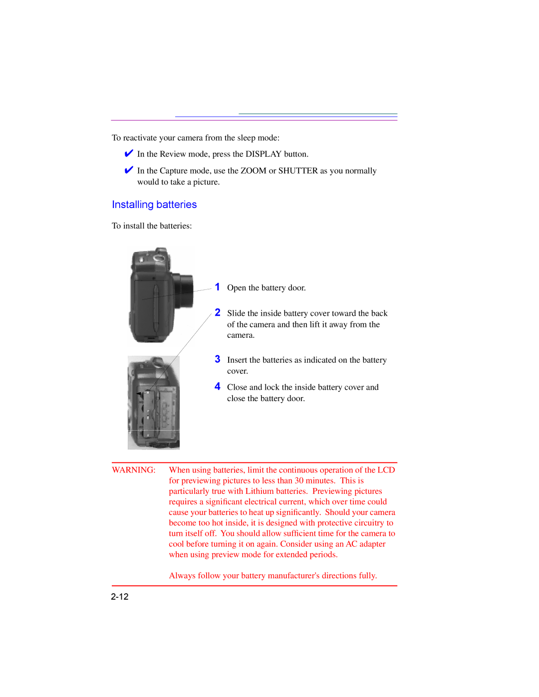 Kodak DC260, DC220 manual Installing batteries, Always follow your battery manufacturers directions fully 