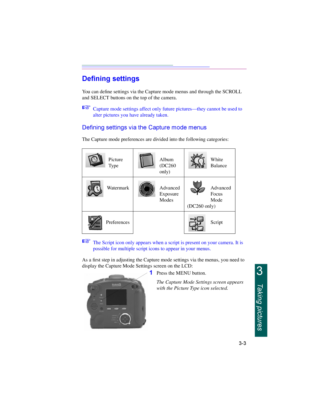 Kodak DC260, DC220 manual DeÞning settings via the Capture mode menus 