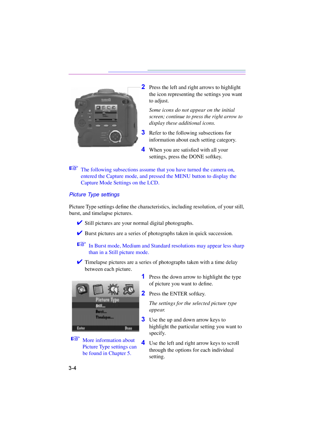 Kodak DC220, DC260 manual Picture Type settings, Settings for the selected picture type appear 