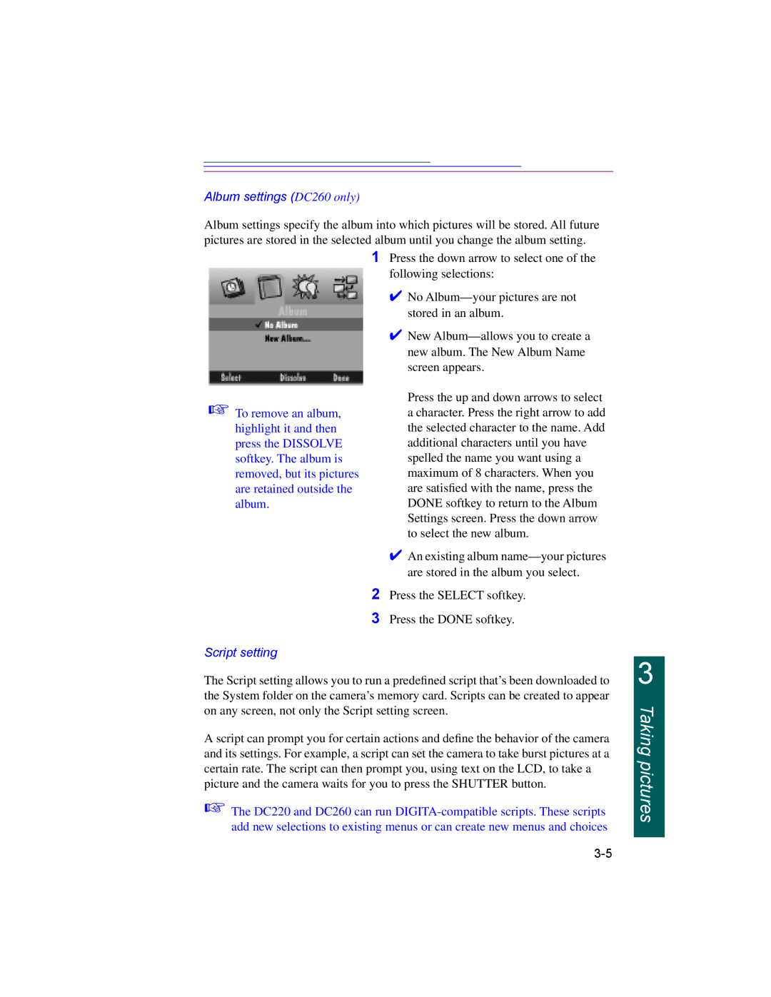 Kodak DC220 manual Album settings DC260 only, Script setting 